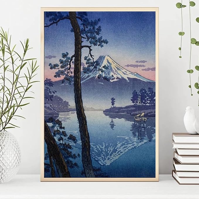 OZCONO Japanese Mountain Lake Art Print, Mount Fuji Landscape, Unframed Gallery Quality Giclée, UV-Resistant Ink (14L x 11W)