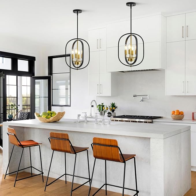 12.2'' Black and Gold Farmhouse Chandelier 4 Light Fixture for Dining Room, Kitchen Island & Entryway, Adjustable Industrial Rustic Geometric Hanging Chandelier for Living Room, Foyer, Hallway