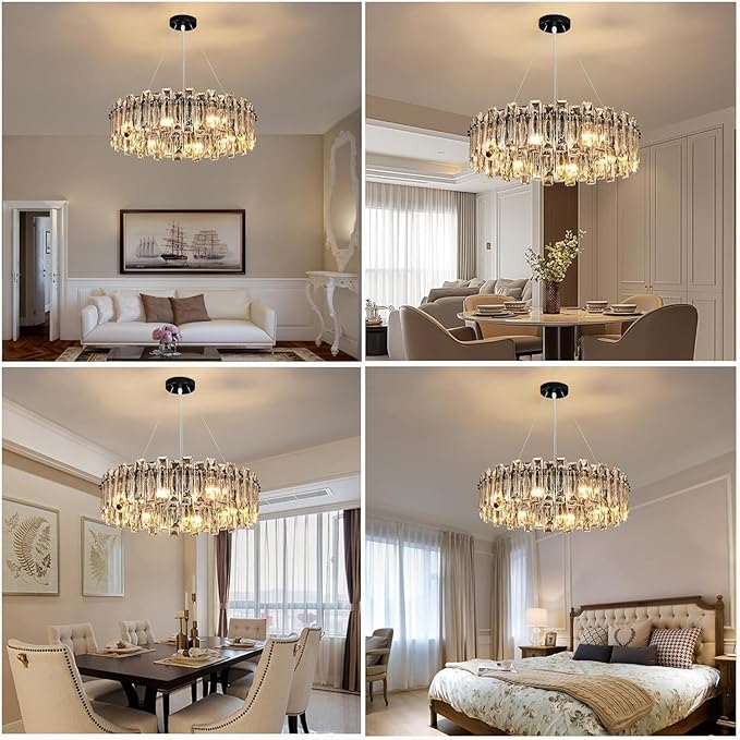 Modern Luxury K9 Crystal Chandelier Round Pendant Light Easy Install Ceiling Hanging Light Fixture for Dining Living Room Kitchen Island Entryway Foyer D23.6 Black 8-Lights