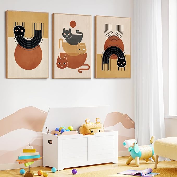 LHIUEM Boho Cat Framed Canvas Wall Art,Mid Century Animal Wall Decor,Modern Black Kitty Painting,Minimalist Orange Beige Artwork for Living Room,Bedroom,Dining Room -16"x24"x3