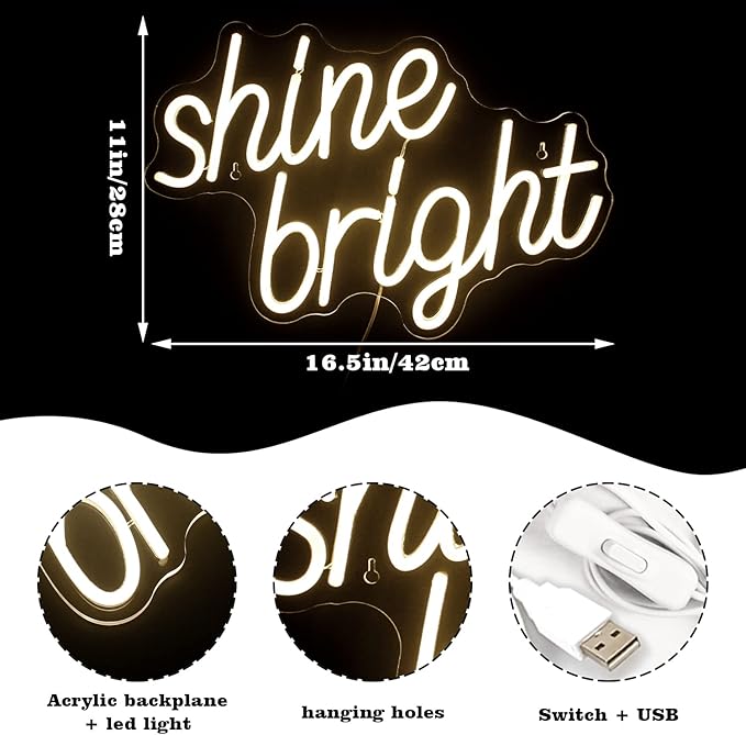 LooKLight Shine Bright Neon Sign,Warm White Neon sign Neon Light Sign,Led Signs for Wall,Neon Signs for Wall Decor,USB Led Neon Signs Wedding For Bar Party Home Bedroom Wall,Bedroom Club