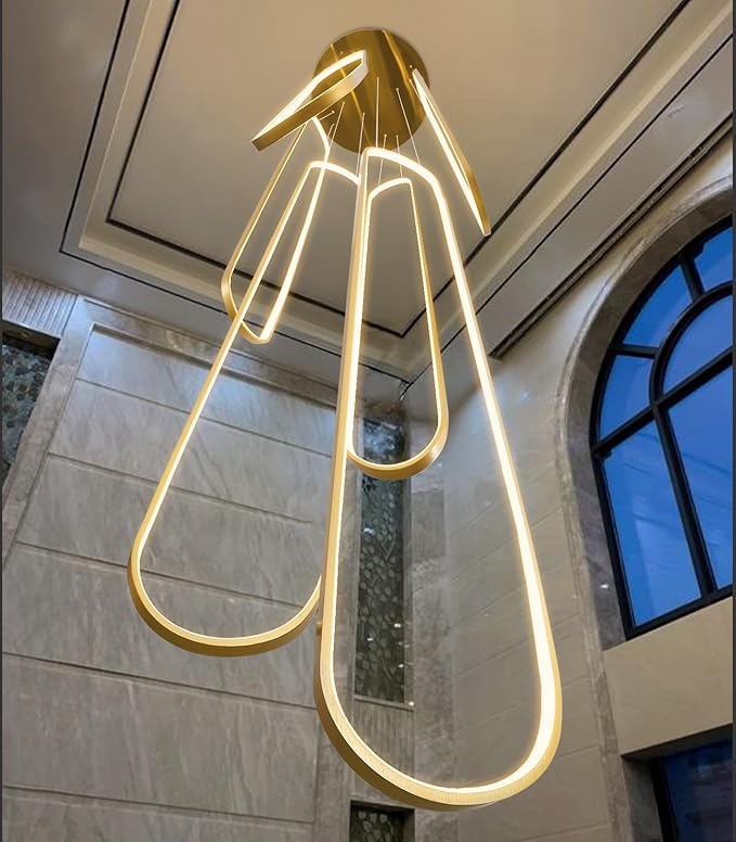 6 Rings Modern Large Chandelier for Staircase High Ceiling Chandelier LED Dimmable Black Chandeliers for Foyer Living Room Villa Gold