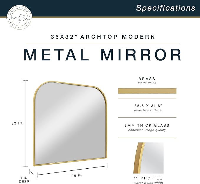 MCS Master & Co. Modern Metal Large Wall Mirror, Minimalist Home Decor Mantle Arch Mirror for Living Room, Bedroom, or Bathroom, 36 by 32 Inch, Brass