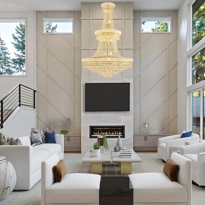 19-Lights Gold Large Crystal Chandelier Light Fixture, 3-Layer Luxury Empire Chandeliers Modern High Ceiling Hanging Chandelier for Living Room,Foyer,Staircase,Entryway (Gold,D31.5 x H47)