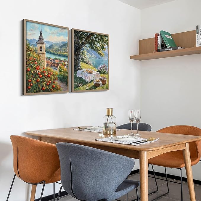 2 Pcs Wooden Framed Vintage Landscape Wall Art Pastoral Scenery Poster Countryside Scenery Artwork Canvas Print Lakeside Tree Shade Gallery Picture Living Room Bedroom Office Wall Decor 12x16 Inch