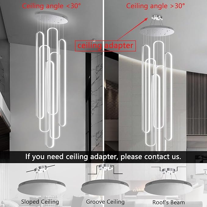 6 Rings Modern Large Chandelier for Staircase High Ceiling Chandelier LED Dimmable Black Chandeliers for Foyer Living Room Villa Sliver