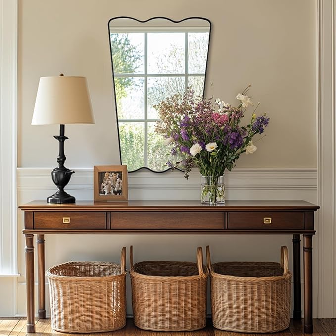 ANDY STAR Scalloped Mirror for Bathroom, 24x36 Inch Matte Black Butterfly Mirror for Living Room,Fireplace, Rustproof Stainless Steel Metal Frame, Hang Vertical or Horizontal