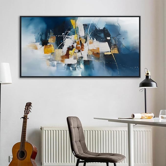 Abstract Canvas Wall Art Navy Blue Wall Art for Living Room Framed Modern Artwork for Walls, Above Bed Wall Decor Navy and Gold for Bedroom and Living Room Office Pictures Wall Decor 24×48IN