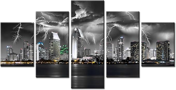 Cawpom San Diego Wall Art Black and White California Skyline Wall Decor Nature Lightning Strikes in The Clouds Picture Canvas Print Painting Poster Frame Home Living Room Decoration(60x32 inches)