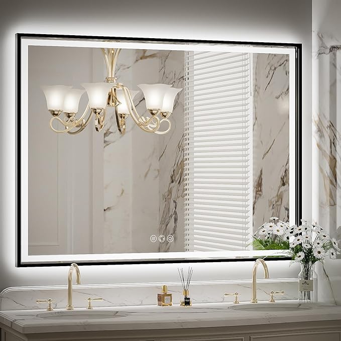 48x36 Inch LED Bathroom Mirror with Lights, Frontlit & Backlit Black Metal Frame Wall Mounted Lighted Vanity Mirrors, Double Lights Strips,Anti Fog Dimmable & 3 Colors Temperature