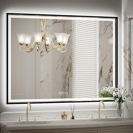 48x36 Inch LED Bathroom Mirror with Lights, Frontlit & Backlit Black Metal Frame Wall Mounted Lighted Vanity Mirrors, Double Lights Strips,Anti Fog Dimmable & 3 Colors Temperature