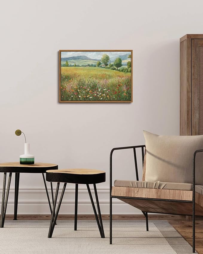 KISSFOX Vintage Landscape Canvas Wall Art Spring Farmhouse Colorful Wildflower Field Framed Wall Art Natural Countryside Cottagecore Paintings Artwork Rustic Art Prints For Bedroom Living Room