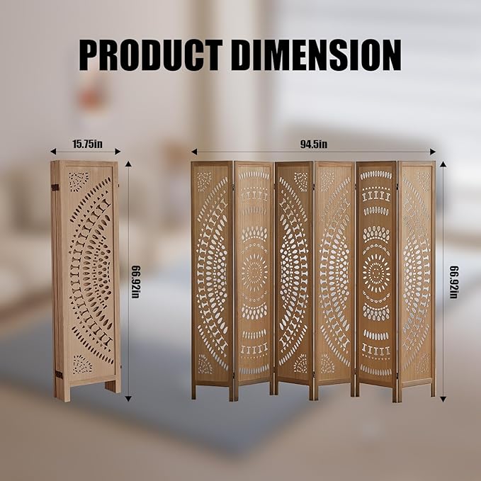 6 Panel Wood Room Divider Fully Assembled, Decorative Room Dividers and Folding Screens, 5.6Ft Room Divider Screen Freestanding Partition Wall Dividers for Home Bedroom Office, Brown