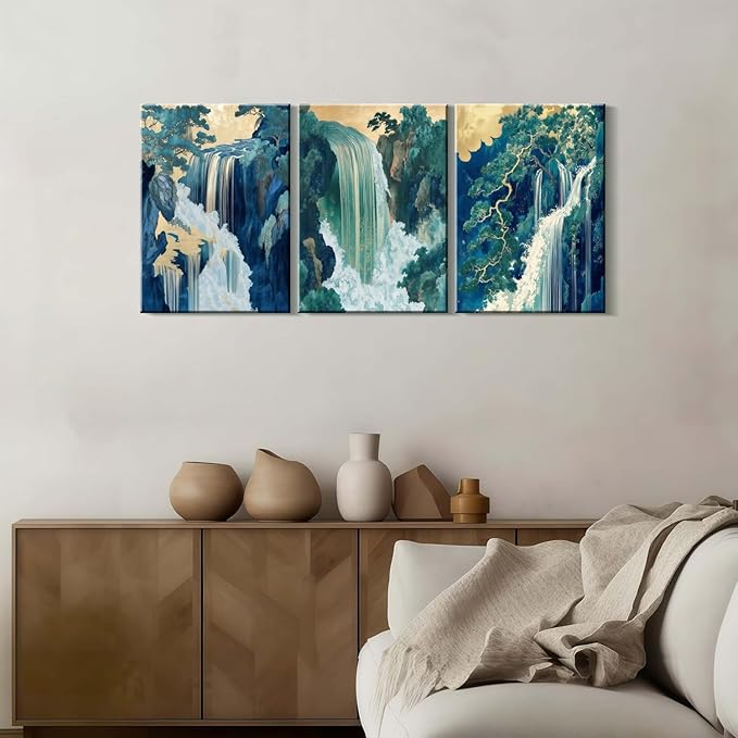 Framed Japanese Waterfall Canvas Wall Art Japanese Style Triptych Painting Nature Scenery Poster Print Oriental Gallery Style Decorative Painting Living Room Bedroom 16×24 Inch Ready to Hang