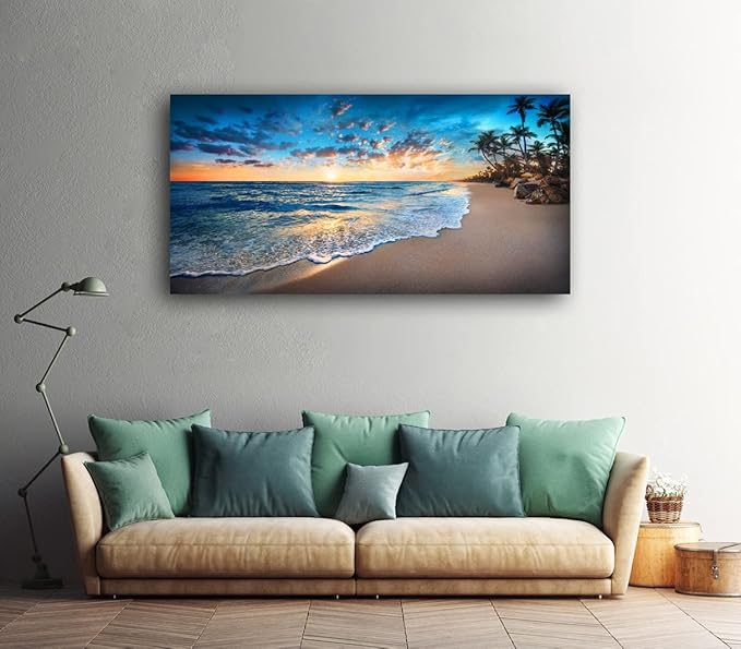 Jiuqinghua Canvas Prints Wall Art Blue Beach Ocean Landscape Paintings 1 panel Sunset Sea Waves Wall Decor Pictures Stretched and Framed for Living Room Bedroom and Office Home Decor Artwork
