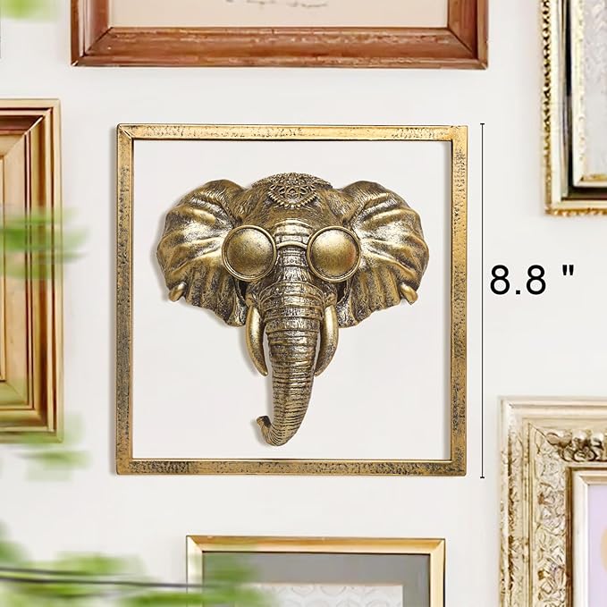 Newinhome Animal Heads Wall Decor (Includes Metal Frame) Resin Animals Sculptures Head Wall Hanging Decoration Gold vintage Wall Sculpture for Living Room Bedroom Office (Elephant)