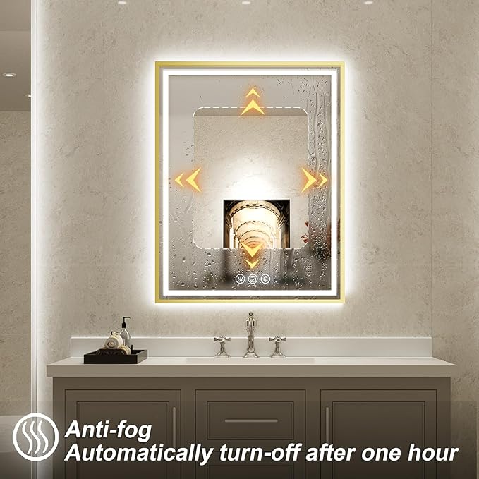 LED Bathroom Mirror, 20x28 Inch Frontlit & Backlit Gold Framed Lighted Mirror,Wall Mouted Vanity with Lights,Double Lights Strips,Anti Fog Stepless Dimmable White/Warm/Natural