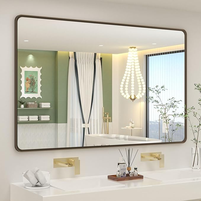 OKPAL 55x36 Bronze Bathroom Vanity Mirror for Wall, Large Bronze Brushed Metal Framed Mirror, Rounded Rectangle Bathroom Mirror, Shatterproof, Anti-Rust (Horizontal/Vertical)