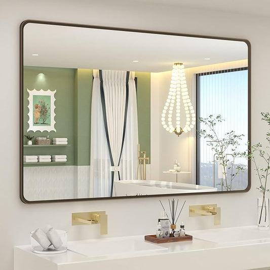 OKPAL 55x36 Bronze Bathroom Vanity Mirror for Wall, Large Bronze Brushed Metal Framed Mirror, Rounded Rectangle Bathroom Mirror, Shatterproof, Anti-Rust (Horizontal/Vertical)