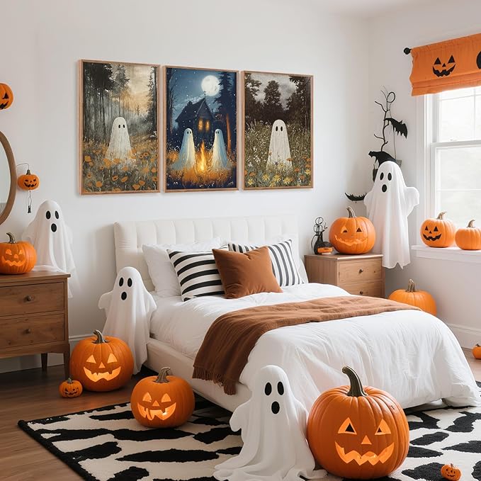 CHDITB Spooky Ghost Framed Canvas Wall Art Set, Halloween Party Gothic Wall Decor, Moonlit Cabin Art Cute Ghost Wall Painting, Vintage Country Landscape Art Prints for Living Room Bedroom 16"x24"x3