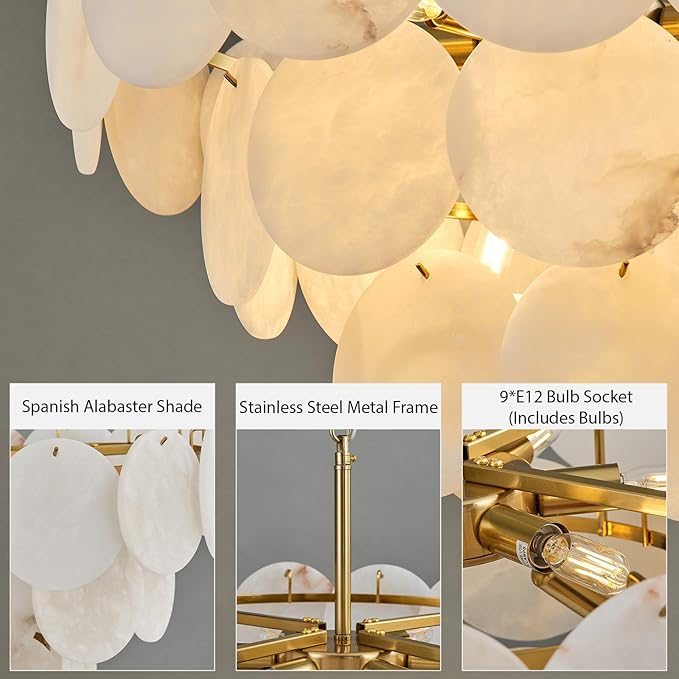 Alabaster Round Chandelier, 26" Natural Spanish Marble Stone Texture Chandeliers, 9-Light Dimmable Alabaster Chandelier, Modern Luxury Lighting for Living Room, Bedroom, Hallway
