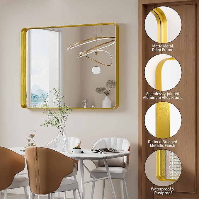 Koonmi Gold Bathroom Mirror for Wall, 36x48 Inch Matte Metal Deep Framed Rounded Corner Wall Mirror, Shatterproof Tempered Glass for Farmhouse Bedroom Entryway, Vertically or Horizontally