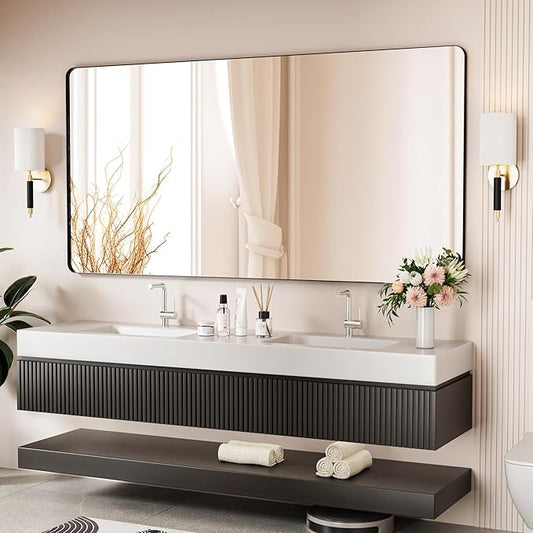 Black Bathroom Mirror 72X36 Inch Bathroom Vanity Mirror for Wall, Metal Frame Large Mirror, Tempered Glass, Modern Wall Mirror for Bathroom, Farmhouse, Horizontally or Vertically Hanging