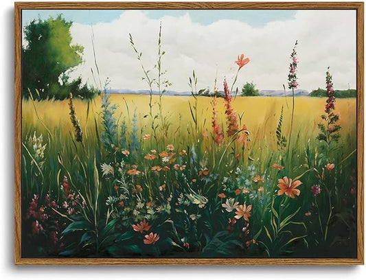 KISSFOX Vintage Wildflower Field Landscape Framed Wall Art Summer Countryside Meadow Canvas Art Farmhouse Rustic Paintings Artwork Nature Serene Art Prints For Kitchen Living room Bedroom