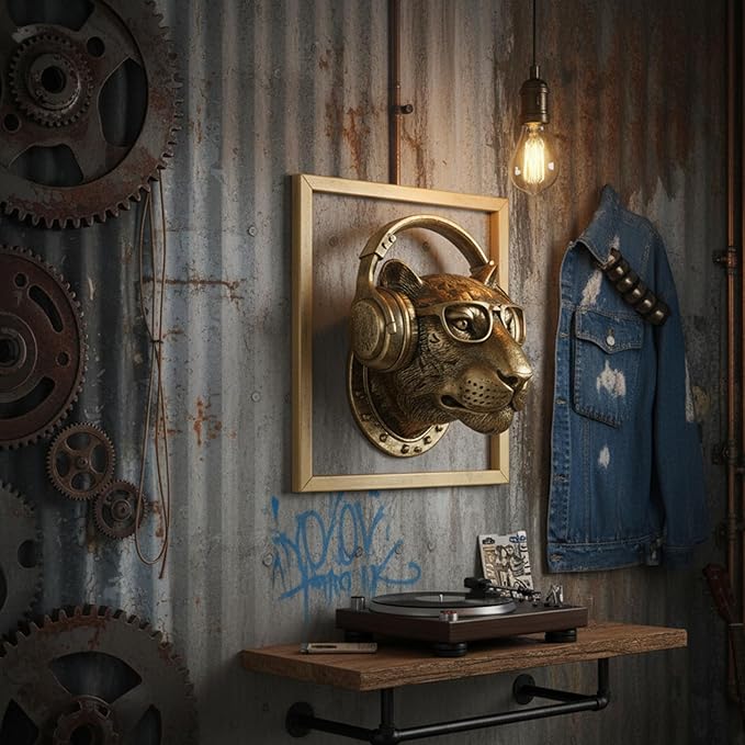 JJALIGHTS Exquisite Resin Animal Head Wall Sculpture (Gift Metal Frame) - Imitation Copper Vintage Decor for Living Room, Bedroom & Office | Decorative Wall Hanging Art (Leopard)