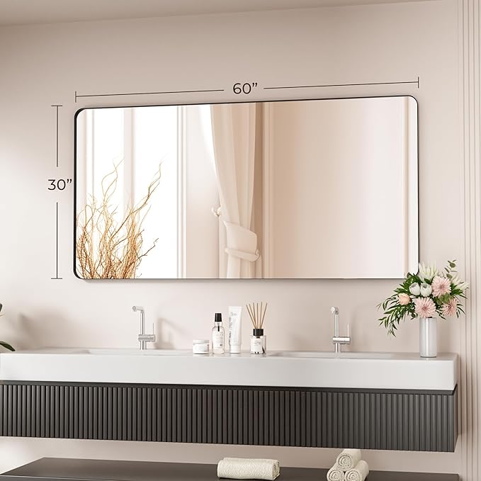 Black Bathroom Mirror 60X30 Inch Bathroom Vanity Mirror for Wall, Metal Frame Large Mirror, Tempered Glass, Modern Wall Mirror for Bathroom, Farmhouse, Horizontally or Vertically Hanging