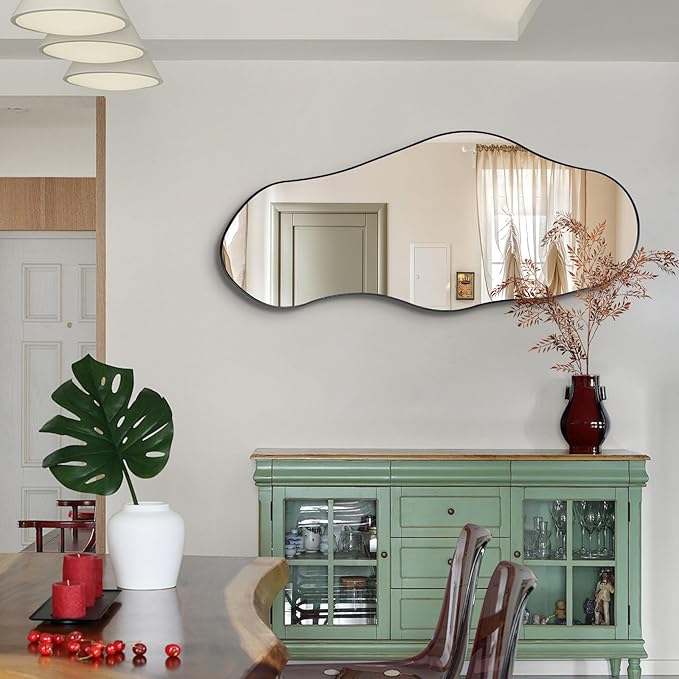 Black Irregular Mirror, 47"x20.5" Asymmetrical Mirrors, Abstract Wall Mirror Decorative, Modern Wavy Shaped Mirrors for Living Room Bathroom Bedroom Hallway Entryway Fireplace