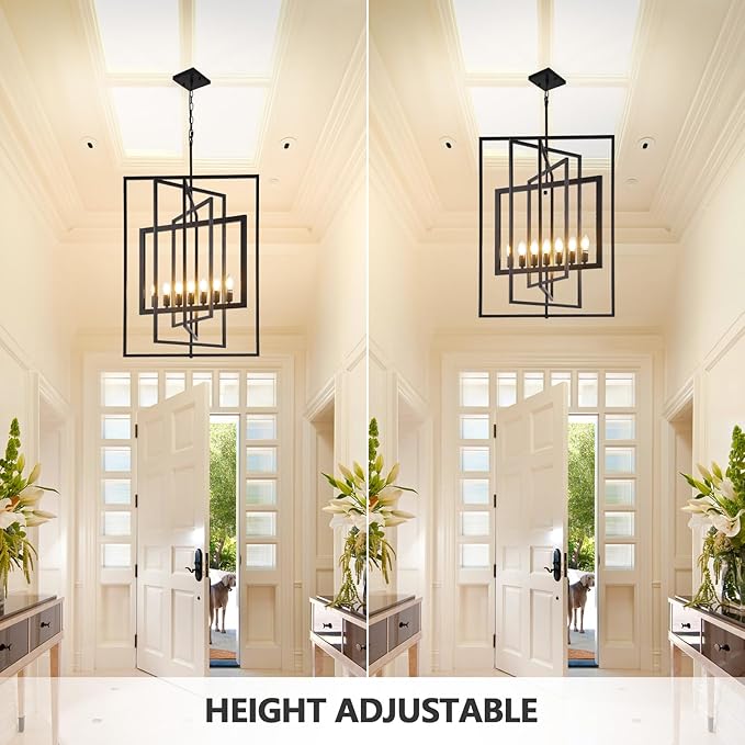 Black Farmhouse Chandelier, 7-Light Lantern Pendant Light Fixtures, Rustic Industrial Foyer Lighting Fixtures, Large Chandeliers for High Ceilings, for Dining Room, Kitchen Island, Staircase, Entryway