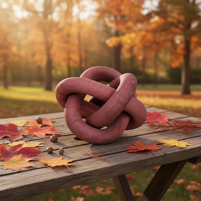 3 Link Wood Knot Decor - Hand Carved Coffee Table Decoration, Boho Chain Link Decor, Modern Shelf, Rustic Objects for Home Living Room Bedroom (Reddish-Brown)