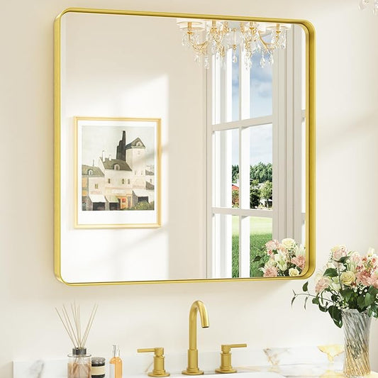 Keonjinn Gold Bathroom Mirror for Over Sink, 30" x 30" Brushed Brass Mirror, Large Rounded Rectangle Gold Vanity Mirror with Metal Frame, HD Tempered Glass Square Wall Mirror(Horizontal/Vertical)