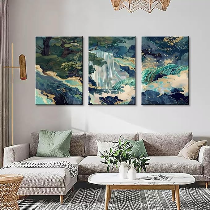 3Pcs Framed Japanese Canvas Wall art Painting Large Waterfall Scenery Poster Print Wrap Canvas Artwork Nature Scenery Abstract Blue Waterfall Zen Art Print Living Room Bedroom Office Decor 12x16 Inch
