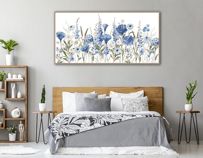 arteWOODS Elegant Flowers Framed Wall Art - Blue White Botanical Pictures for Wall Decor Floral Blossom Canvas Painting Print Artwork for Living Room Bedroom Home Office Wall Decoration 29" x 58"