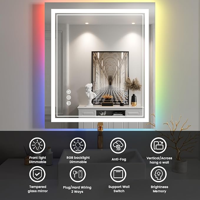 28x32 inch LED Bathroom Mirror with RGB Lights Color Changing Backlit Mirror Shatterproof Dimmable Anti-Fog Lighted Vanity Mirror (RGB Multicolor Backlit + Adjustable Front-Lighted)