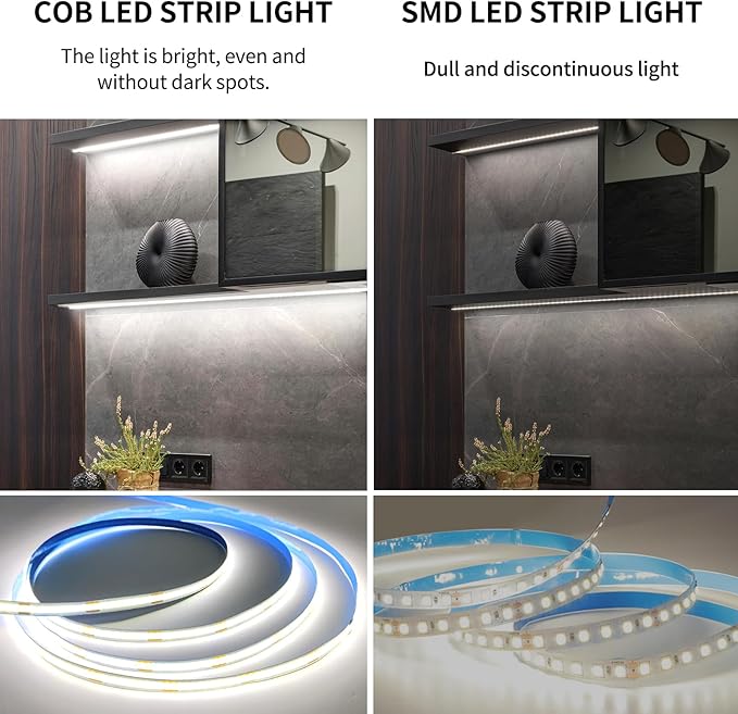 COB LED Strip Lights 32.8ft,6000K DC 24V Dimmable White Flexible LED Rope Lights for Bedroom,with Remote and app Control LED Lights Strip for Living Room, Shelf, Cabinet
