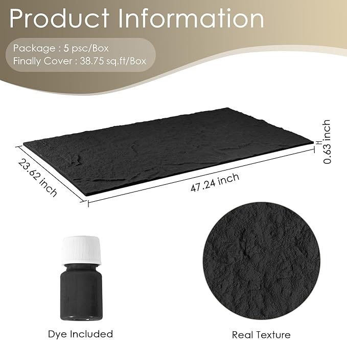 5-Pack 3D Faux Stone Wall Panels, PU Cement-Texture Wainscoting Panels for Interior Walls – Waterproof & Lightweight, Covers 38.7 Sq.Ft, 47.2" x 23.6", for TV Wall, Office, Living Room Black