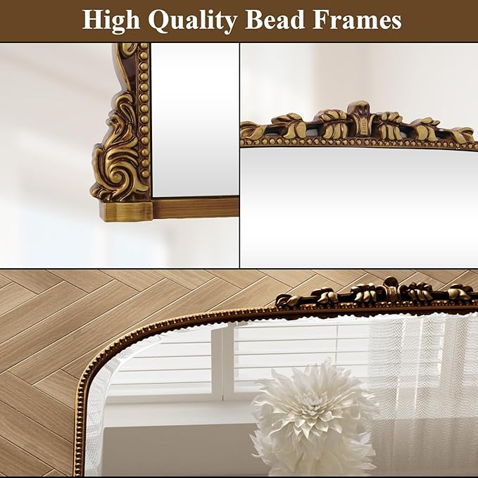 40x28 Beaded Arched Mirror, Bathroom Mirror for Over Sink, Metal Frame Wall Decor for Entryway, Bedroom, Living Room, Gold