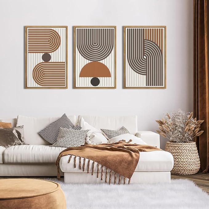 Mid Century Boho Modern Wall Art Set Abstract Geometric Wooden Wall Decor Minimalist Line Neutral Artwork Mid Century Wood Art Decor for Living Room Bedroom Office-16x24Inch x3
