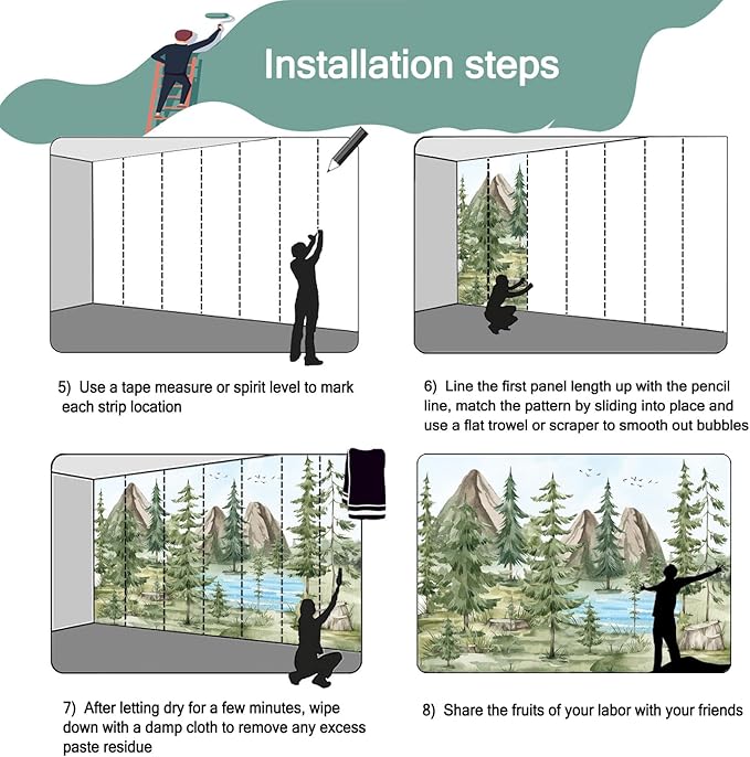 -Watercolor Green Pine Mural Cartoon Forest Fabric Wallpaper Children's Room 180" x 115"(Not Peel and Stick)