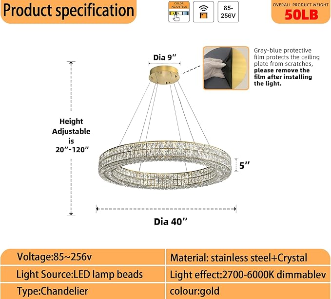 Led Ring Crystal Chandelier for Living Room, Modern Dimmable Chandeliers Lighting and Hanging Adjustable, LED Round Ceiling Chandelier for Dining Room (40inch,Gold)