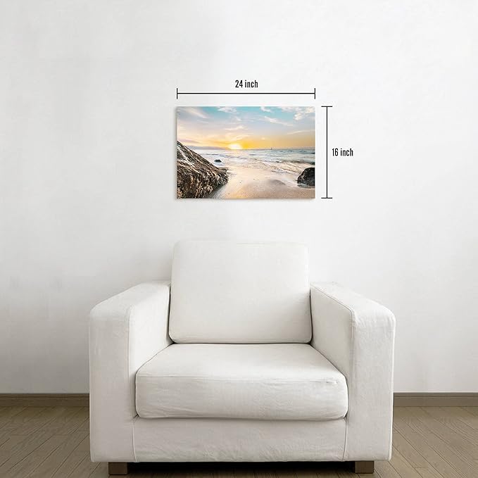 Beach Wall Art Canvas Bathroom: Ocean Scene Coastal Sunset Picture Sea Seascape Sailboat Print Painting Seaside Landscape Seashore Rock Artwork Decor for Living Room Bedroom 24 x 16 Inch