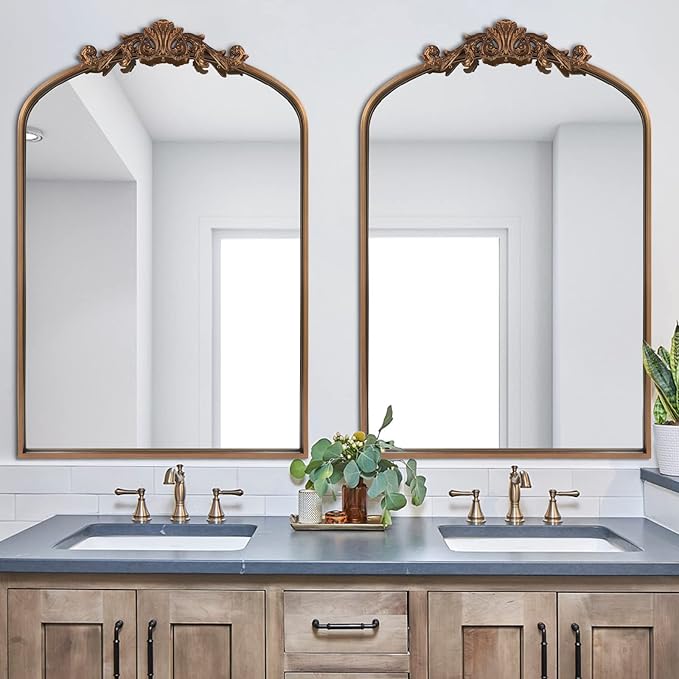 Antique Gold Arched Baroque Mirror 24x36 - Brass Finish Metal Frame, Intricately Carved Vertical Wall Mirror for Entryway, Living Room, Bathroom Vanity & Dining Room