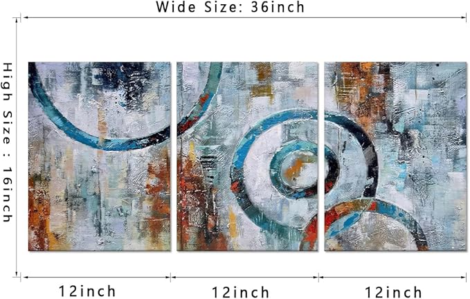 MAMAGO Abstract Wall Art - 3 Panels Geometric Canvas Circle Posters Painting Modern Grey Blue Picture Decor for Living Room Framed Easy to Hang - 12" W x 16" Hx3pcs