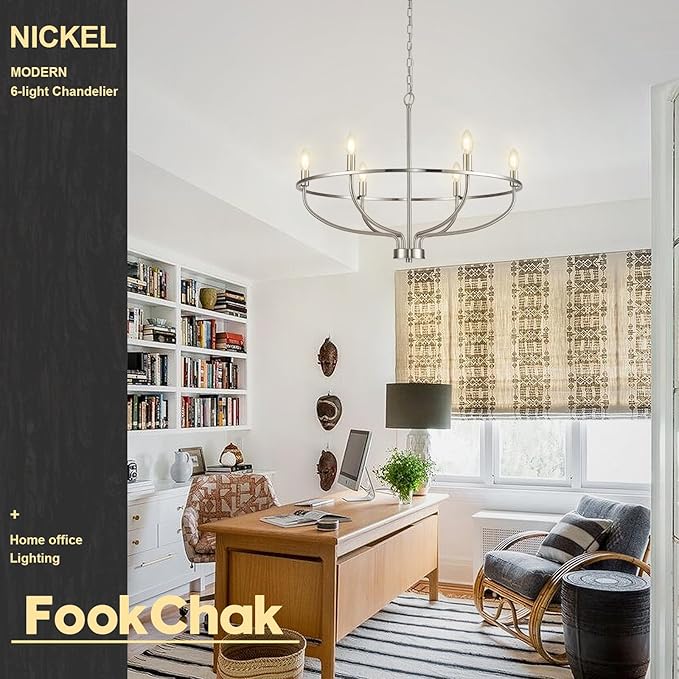 Brushed Nickel Chandelier, 6-Light Dining Room Chandelier Chrome Light Fixture Metal Candle Kitchen Chandeliers 28inch Round Chandeliers with Long Chain for Bedroom Living Room