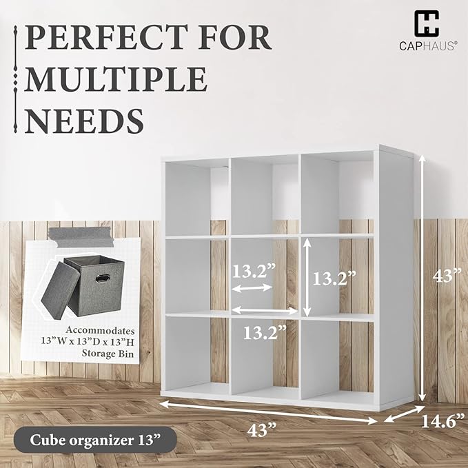 CAPHAUS Sturdy Room 13-Inch Cube Storage Organizer Shelf, with Extra Thick Exterior Edge, Open Storage Shelf Divider, Bookcase, 6-Cube / 8-Cube / 9-Cube, Colors Available in Rustic Grey Oak and White