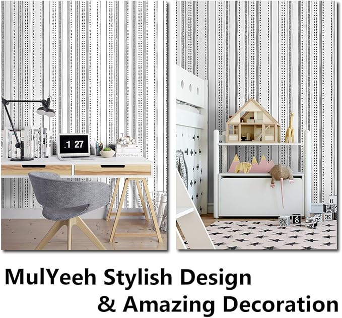 MulYeeh 17.5'' x 314'' Adhesive Peel and Stick Paper Modern Arrow Trellis Black White Wallpaper Modern Triangle Removable Wall Covering Prepasted Decorative