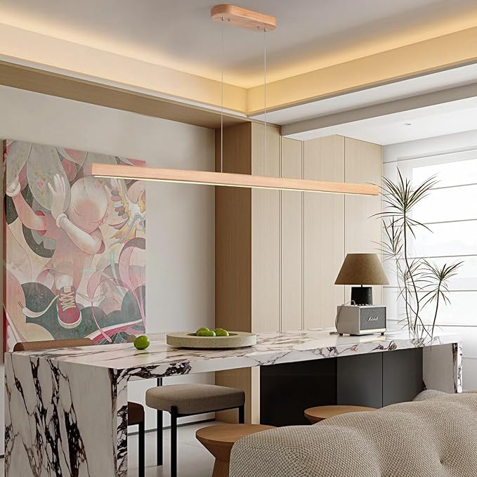 71" 40W Wood Linear Pendant Light Fixture Led Dining Room Light Dimmable Hanging Light Fixture for Kitchen Island Dining Room Pool Table Lights Natural